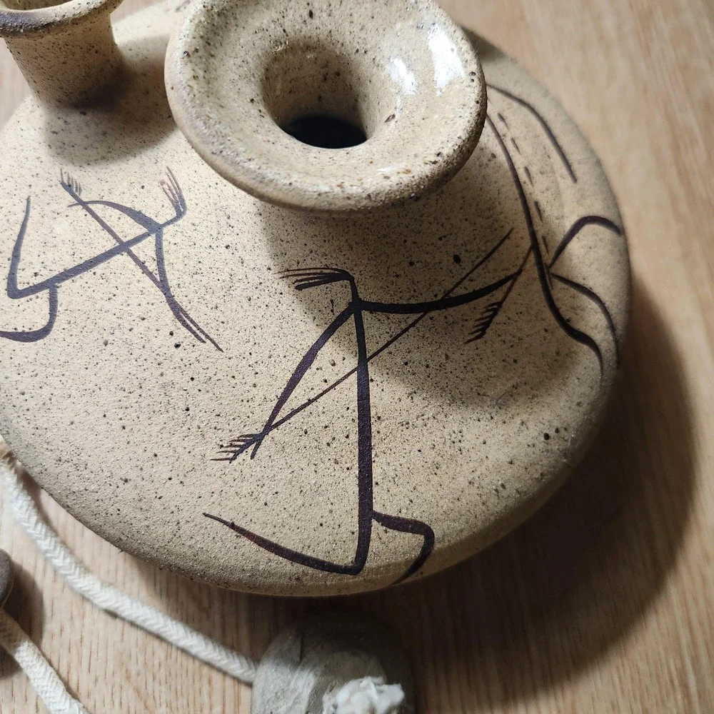 Vintage 3 Chimney Clay Oil Lamp Signed By Artist.‎